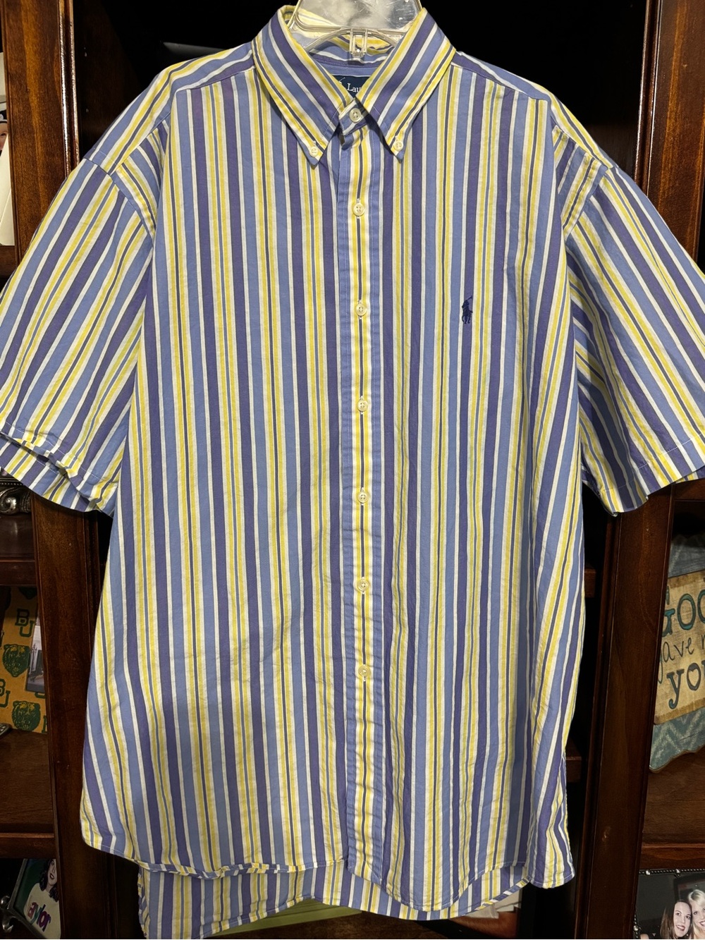 Men’s Large Ralph Lauren Short-Sleeve Yellow & Blue Striped Button-Down Shirt
